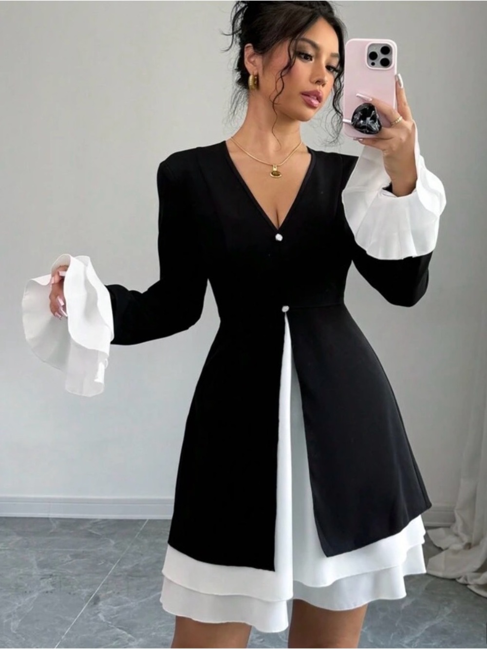Layered V-Neck blazer Dress with Ruffle Cuffs Ptp 18 fits a Medium